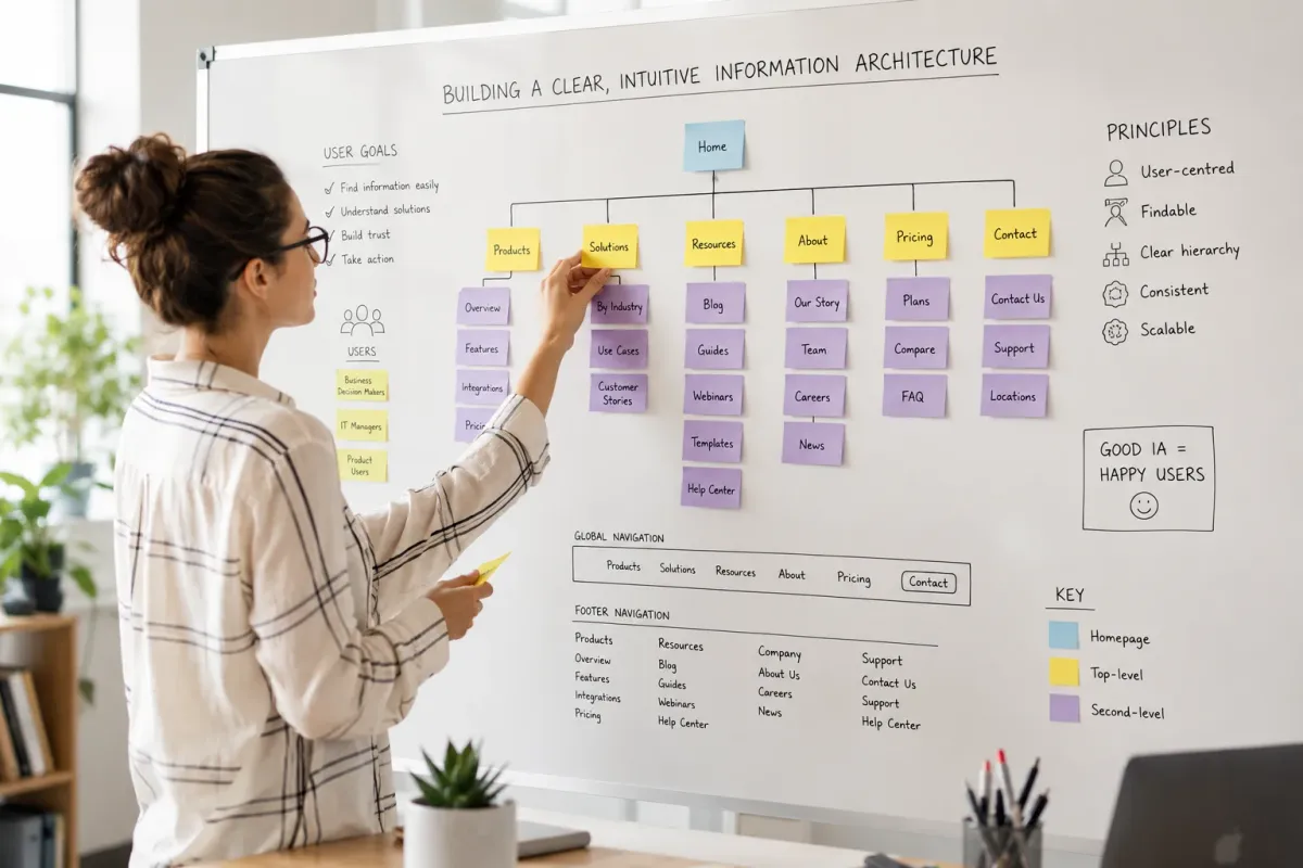 UX team building an information architecture structure with sticky notes and hierarchy diagrams.