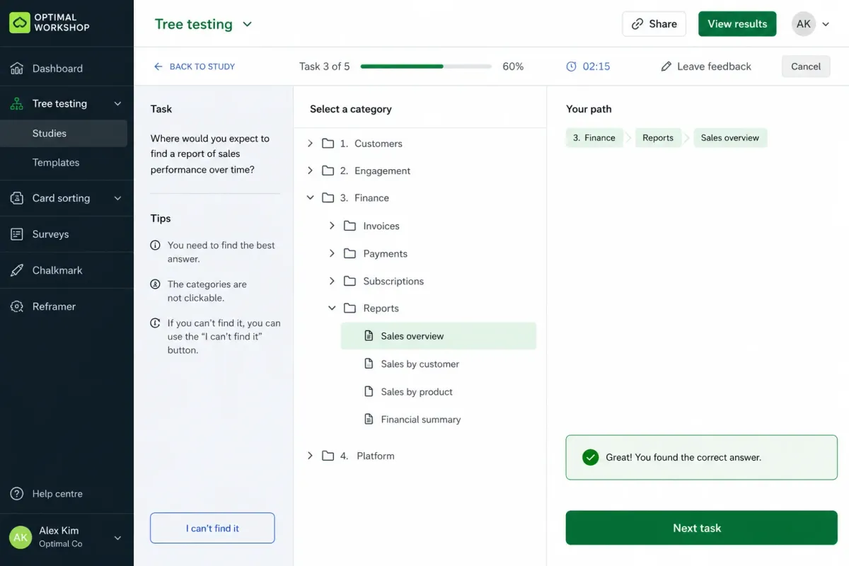 Before and after information architecture comparison showing flat navigation versus a grouped, user-centred structure for a B2B SaaS dashboard.