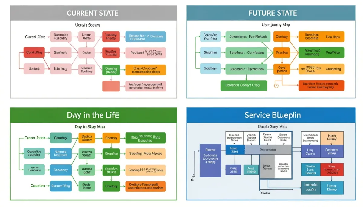 Four types of user journey maps explained in a visual grid.