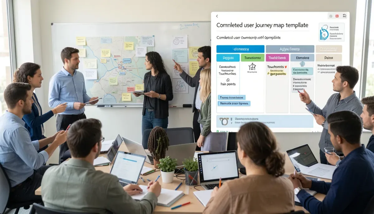 Completed user journey map template showing stages, emotions, touchpoints, and pain points.