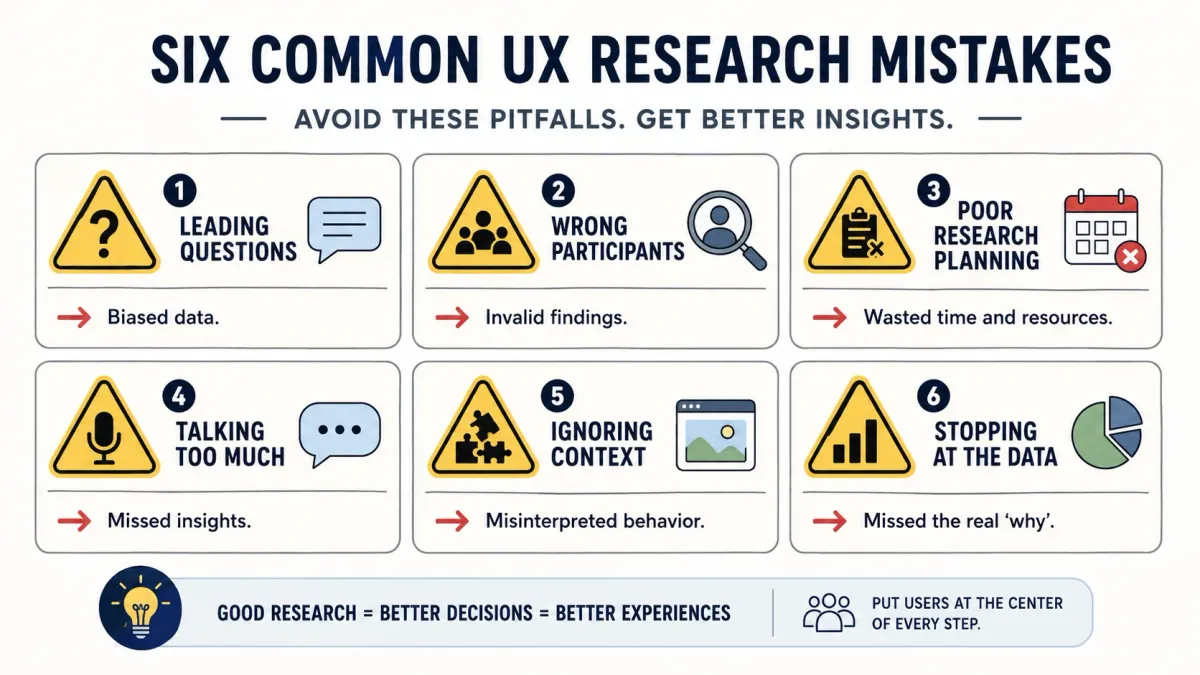 Infographic showing six common UX research mistakes and their consequences.